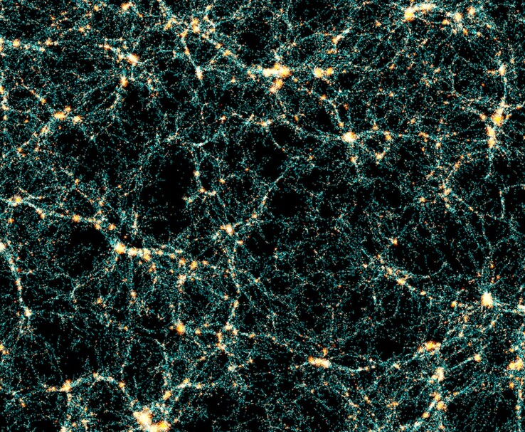 Simulation informatique de la toile cosmique, montrant une structure à grande échelle de l'univers avec des amas de galaxies brillants reliés par de minces filaments de matière noire et de gaz sur un fond sombre. (Source de l'image : Communiqué de presse du consortium Euclid)