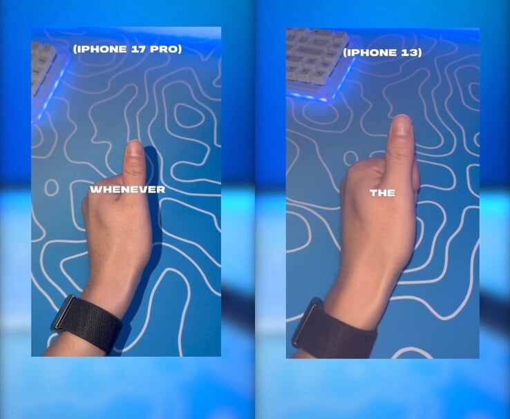 comparaison de l'iPhone 17 Pro et de l'iPhone 13 flash avec l'ombre du pouce sur la photo du 17 Pro. (Source de l'image : marcustechnology via Instagram)