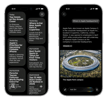 Apparemment, Apple prévoit de lancer une toute nouvelle application Siri comprenant une liste de conversations (à gauche) et un chatbot de type ChatGPT.