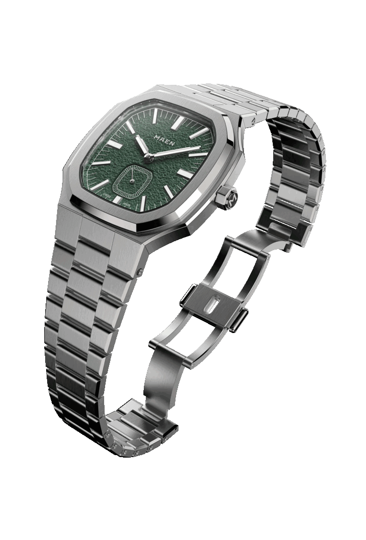 La Maen Manhattan 37 Ultra-Thin possède un bracelet intégré en acier inoxydable avec un fermoir papillon en 316L et un bouton poussoir (Image source : Maen)