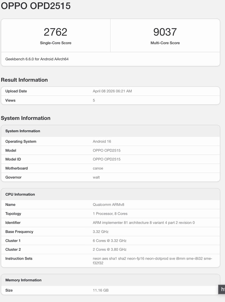 Liste Geekbench du prochain appareil d'Oppo.