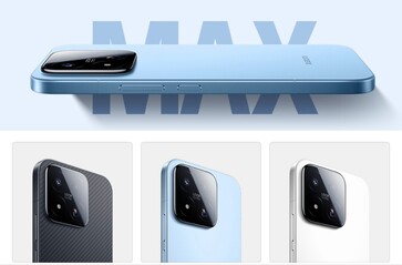 Des fuites montrent le Xiaomi 17 Max en fibre de carbone, bleu clair et blanc.