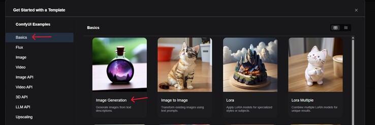 Capture d'écran du hub Workflow dans ComfyUI avec les fonctions Basics et Image Generation en surbrillance. (Source de l'image : Windows Screen Capture)