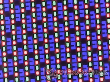 Réseau de sous-pixels OLED. L'écran OLED est légèrement plus granuleux que prévu, potentiellement en raison de la couche de verre plus épaisse