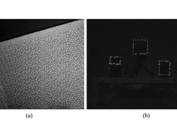 a) Le projecteur infrarouge de la caméra de profondeur génère un motif de points infrarouges qui permet de détecter l'environnement même sans lumière visible. b) Les rétroréflecteurs des cellules photovoltaïques renvoient les points infrarouges, marquant ainsi la position de la cible. (Source de l'image : Institut des sciences de Tokyo)