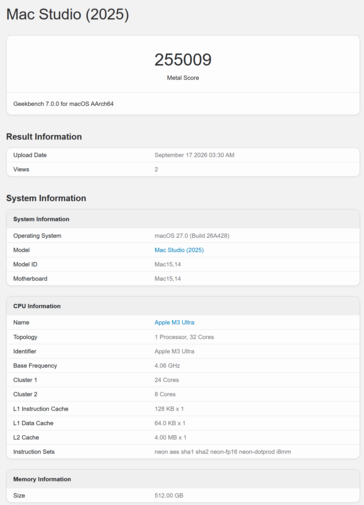 Score GPU de l'Apple M3 Ultra sur Geekbench