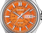 Un gros plan sur la MTP-E740-4AV orange, dont le cadran transparent laisse apparaître les rouages indiquant le jour et l'heure situés en dessous.  