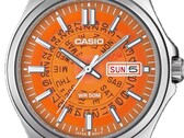 Un gros plan sur la MTP-E740-4AV orange, dont le cadran transparent laisse apparaître les rouages indiquant le jour et l'heure situés en dessous.  