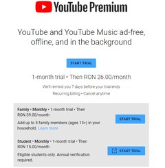 La famille Google YouTube Premium est toujours bloquée à environ 8 dollars en Roumanie (Source : Own)