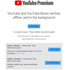 Familia Google YouTube Premium este încă blocată la aproximativ 8 dolari în România (sursa: proprie)