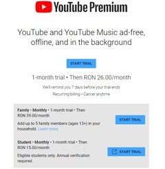 Сім'я Premium Google YouTube все ще блокується приблизно на 8 доларів у Румунії (джерело: Власне)