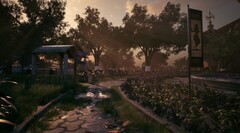 Un environnement extérieur détaillé de Mukti, mettant en valeur l'éclairage atmosphérique et la conception de l'environnement dans le cadre d'un musée (source d'image : site web officiel de Mukti)