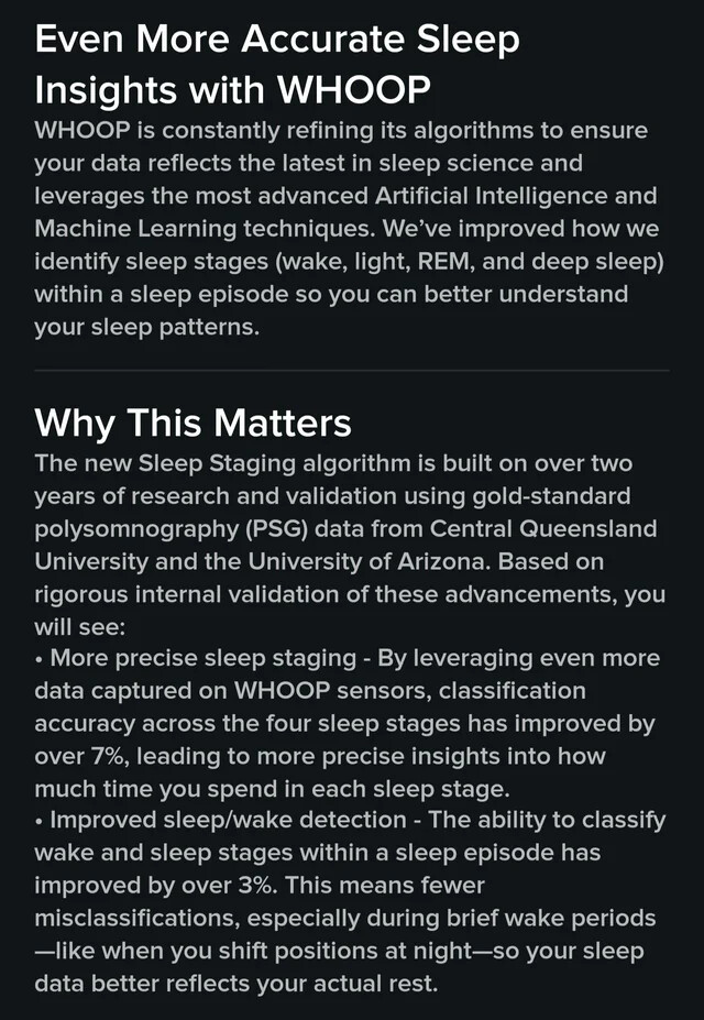 Whoop fournit de plus amples informations sur la mise à jour de son algorithme de stades de sommeil sur son application. (Source de l'image : U/magony via Reddit)