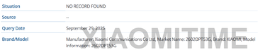 Liste de la base de données GSMA montrant les numéros de modèle du Xiaomi 17T (Image source : XiaomiTime)