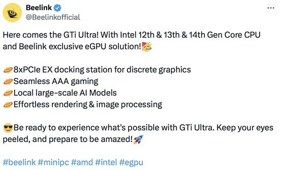 Le prochain GTi Ultra de Beelink sera équipé des processeurs Intel de 12e, 13e et 14e génération. (Source : Beelink sur Twitter)