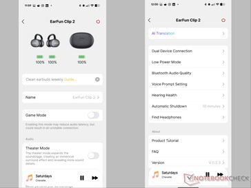 L'application EarFun Audio affiche la page d'accueil et les paramètres de Clip 2.