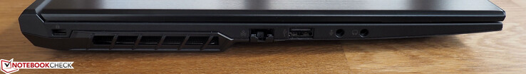 Côté gauche : verrou de sécurité Kensington, entrée d'air, LAN RJ45, USB A 2.0, jack micro, jack écouteurs.