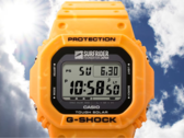 La montre de collaboration Casio Surfrider Foundation Japan (photo) est dotée d'un boîtier et d'un bracelet jaune vif, fabriqué à partir de résine biosourcée de couleurs mélangées. (Source de l'image : Casio)
