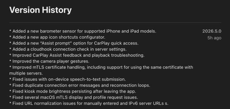 Les notes de mise à jour de la version 2026.5 de l'application iOS Home Assistant