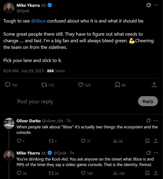 Mike Ybarra X post sur Xbox identity (Image source : screenshot, Mike Ybarra X account)
