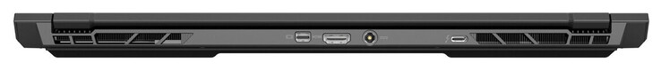 Arrière : Mini DisplayPort 1.4 (G-Sync), HDMI 2.1 (G-Sync), adaptateur secteur, Thunderbolt 4 (DisplayPort, G-Sync compatible)