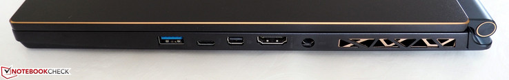 Côté droit : USB A 3.1, USB C Thunderbolt, Mini DisplayPort, HDMI, entrée secteur.