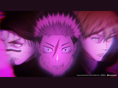 La séquence d'ouverture de la saison 3 de Jujutsu Kaisen mettant en scène Yuji Itadori entouré de personnages clés, dans un visuel stylisé teinté de violet. (Source de l'image : Mappa, Crunchyroll)