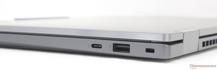 À droite : USB-C Thunderbolt 4 avec DisplayPort 2.1 + Power Delivery (65 W), USB-A (5 Gbps), verrou Kensington