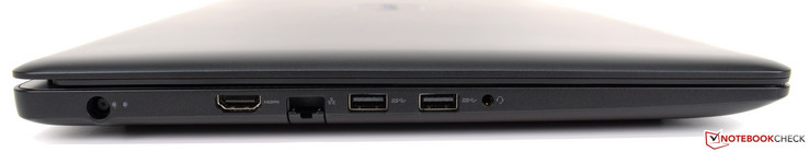 Côté gauche : entrée secteur, HDMI 2.0, Ethernet gigabit, 2 USB 3.1, audio 3,5 mm.