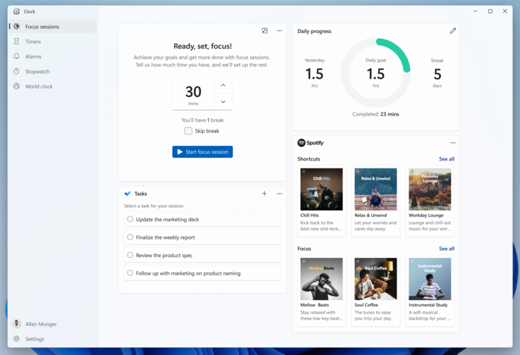 La nouvelle application Horloge contient des intégrations avec Spotify et Microsoft To Do. (Image source : Microsoft)