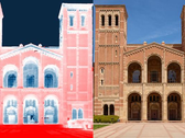 Image infrarouge thermique du Royce Hall de l'UCLA. La transition du blanc au rouge pâle montre la chaleur absorbée par le sol (rouge). L'excès de chaleur rayonne vers le ciel froid, représenté en bleu. (Source de l'image : Raman Lab/UCLA)