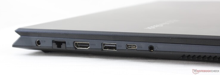 Côté gauche : entrée secteur, RJ-45 (Gigabit), HDMI, USB A 3.0, USB C 3.1 Gen. 1.