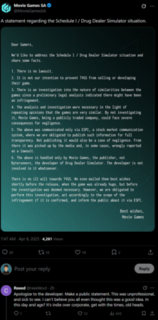 Message de Movie Games X sur l'enquête Schedule 1 (Source de l'image : capture d'écran, compte Movie Games X)