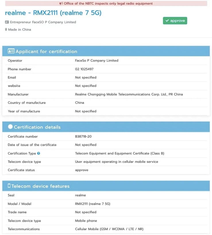 Le Realme 7 5G apparaîtrait sur le site de la CTNB. (Source : NBTC via MySmartPrice)