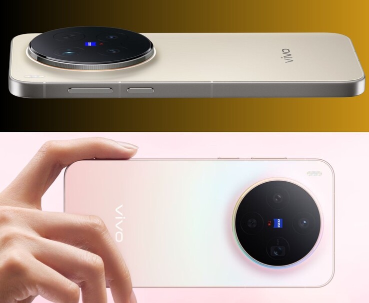 Vivo X300 Pro (en haut) et X300 (en bas) avec des finitions or et rose et des modules d'appareil photo Zeiss circulaires (Source d'image : Vivo)