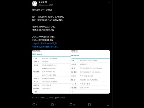 harukaze5719 Asus RX 9060 XT X post (Image source : screenshot, harukaze5719 X account)