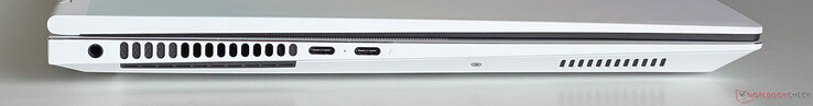 À gauche : audio 3,5 mm, USB-C 3.2 Gen.2 (10 GBit/s, DisplayPort ALT mode, Power Delivery), USB-C 4.0 avec Thunderbolt 4 (40 Gbit/s, DisplayPort ALT mode, Power Delivery)