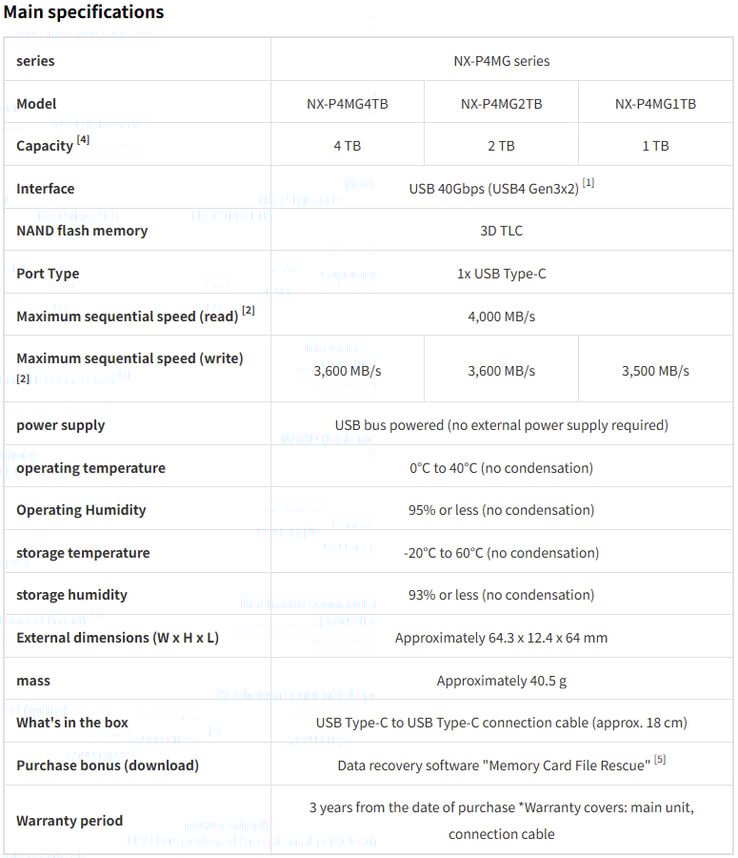 Fiche technique complète du Nextorage NX-P4MG (Image source : Nextorage)