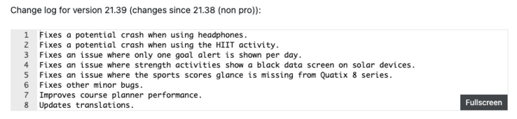 Le journal des modifications de la Garmin Fenix 8 beta version 21.39