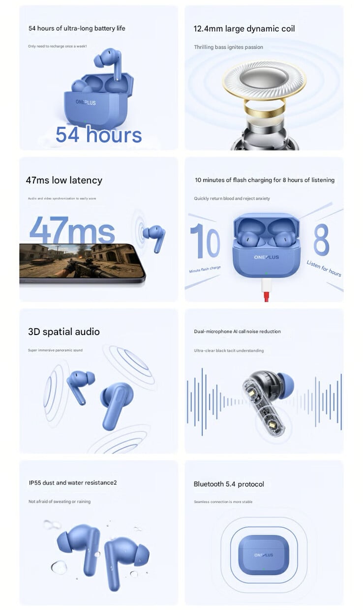 Principales caractéristiques des écouteurs sans fil (Image source : OnePlus - machine translated)