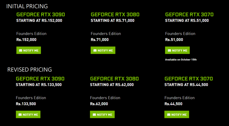 Les prix originaux et révisés de la série RTX 3000 FE en Inde. (Source : NVIDIA India via MySmartPrice)