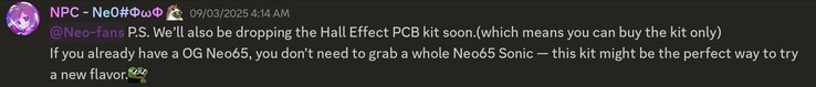 QwertyKeys confirme le kit HE PCB pour la série QwertyKeys Neo65. (Image source : QwertyKeys sur Discord)