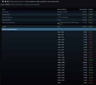 Résolutions préférées de l'enquête Steam de juin 2025 (Image source : capture d'écran, Steam)