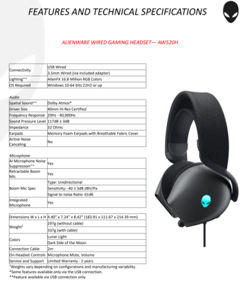 Alienware AW520H - Spécifications. (Image Source : Dell)