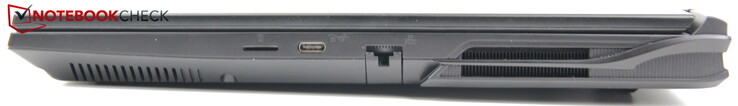 Droite : Lecteur microSD, USB-C 3.2 Gen2 (DisplayPort 1.4, compatible G-SYNC, Power Delivery : non), RJ45/LAN