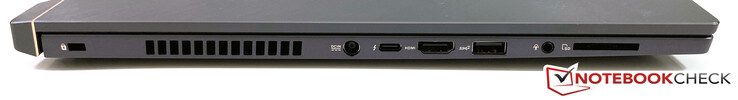 Côté gauche : verrou de sécurité, entrée secteur, USB C avec Thunderbolt 3 (USB 3.1 Gen.2, DP 1.4, 40 Gbps), HDMI 2.0b, USB A (3.1 Gen.2), 3,5 mm stéréo, lecteur de carte SD.