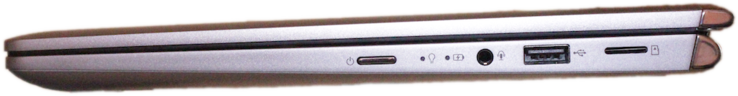 Côté droit : bouton de démarrage, jack 3,5 mm, USB A 2.0, lecteur de carte micro SD.