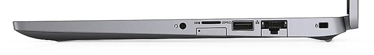 Côté droit : Prise audio combinée, fente SIM (en bas), lecteur microSD (en haut), USB 3.1 Gen 1 Type-A, Gigabit LAN, serrure Noble