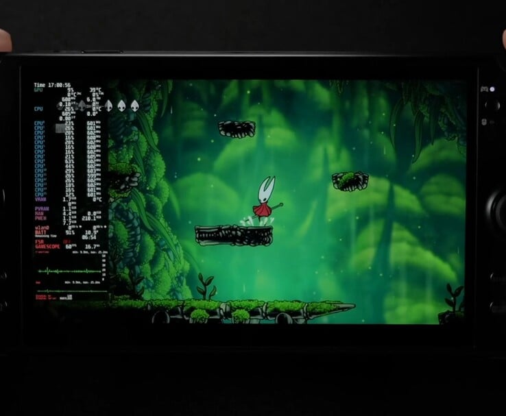 GPD Win 5 exécutant Hollow Knight : Silksong sur SteamOS à 6 W TDP avec 60 FPS. (Source de l'image : ETA Prime via YouTube)