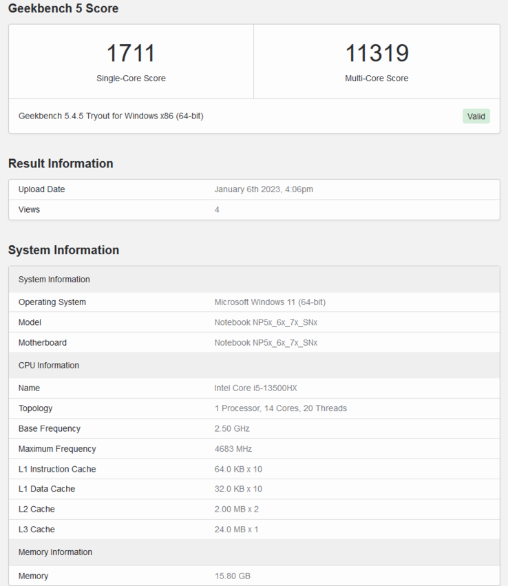 Liste Geekbench du Intel Core i5-13500HX (image via Geekbench)